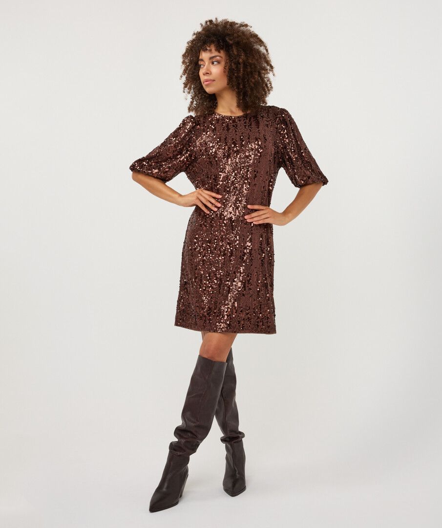Balloon Sleeve Sequin Dress in Coffee by EsQualo
