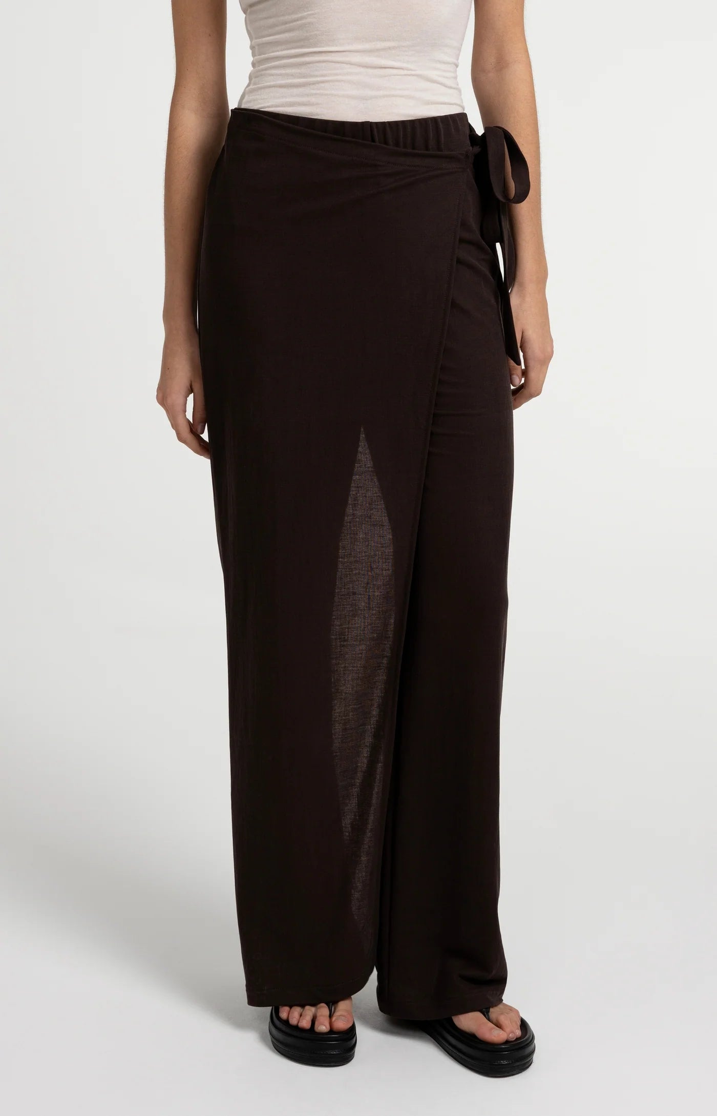 Wide Leg Wrap Jersey Trouser in Aubergine Brown by YAYA